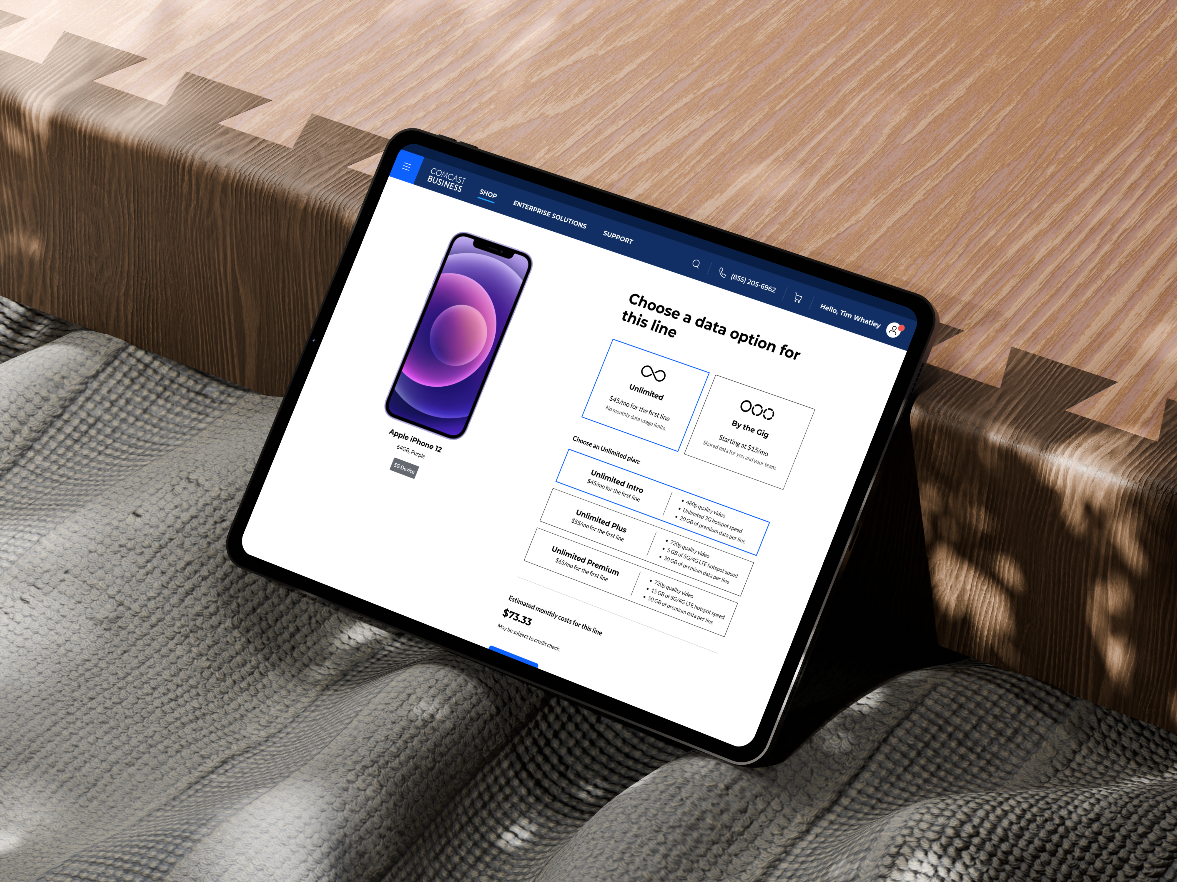 comcast business screen on an ipad